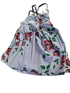 Φόρεμα Τιράντα Ριγέ Μπλε με Τριαντάφυλλα