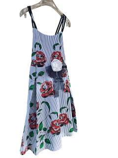 Φόρεμα Τιράντα Ριγέ Μπλε με Τριαντάφυλλα